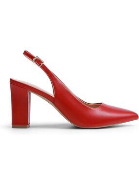 Women's Red Slingback Chunky Block Heels Pointed Toe Closed Toe Pumps Shoes